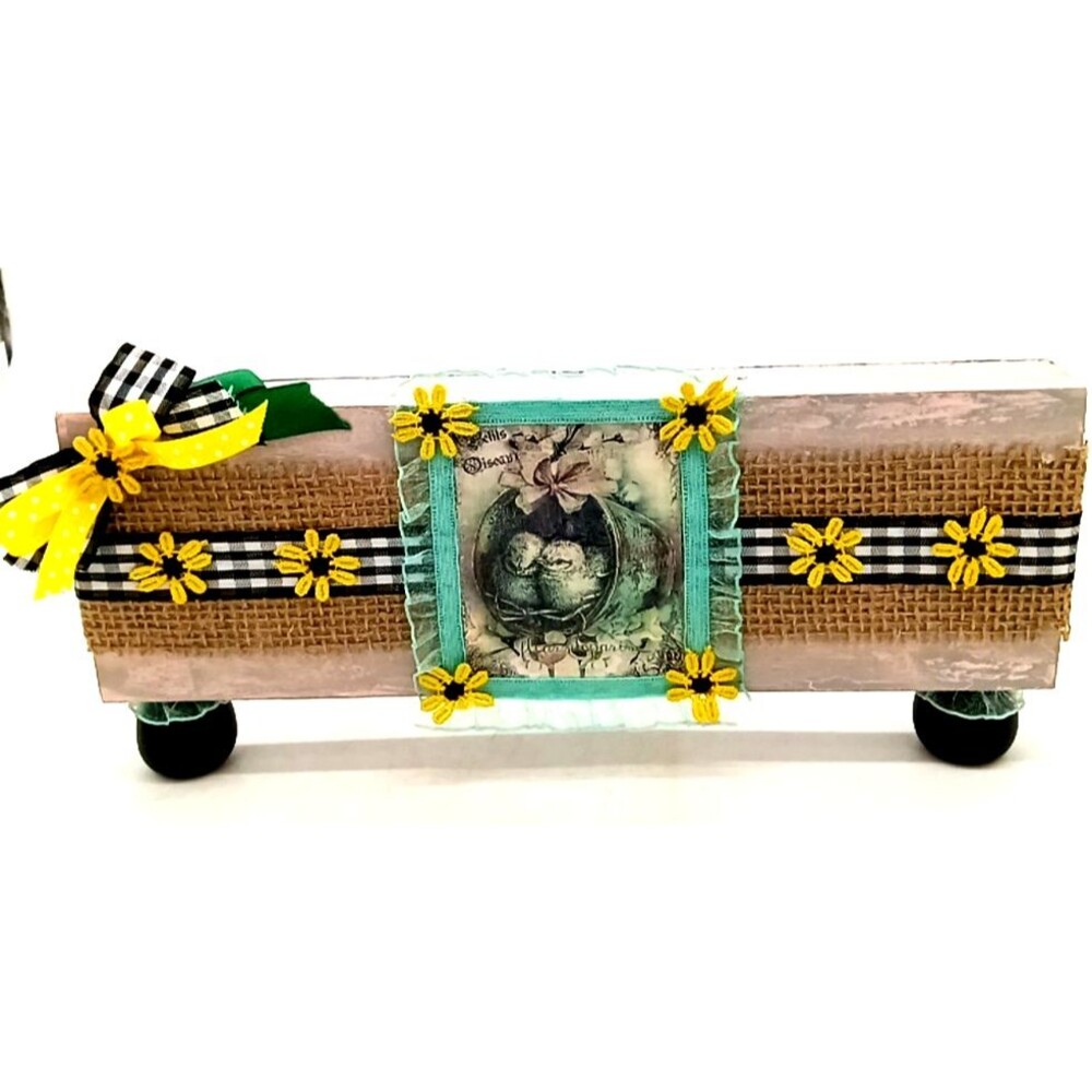 Handmade 12" Wooden Cottage Country Style Footed Easter/Spring Decor